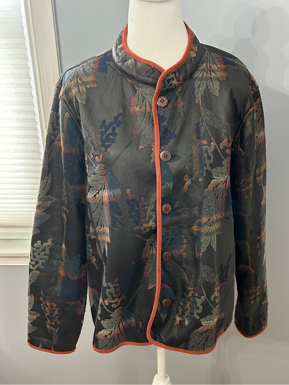 Multiples Faux Leather Floral Leaf Print Jacket Large Contrast Trim Boho Fall